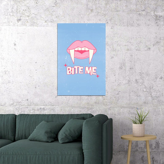 Bite Me Halloween Poster Cute Pink Vampire Lips Wall Art Pastel Blue Trendy Coquette Wall Decor - xonomax