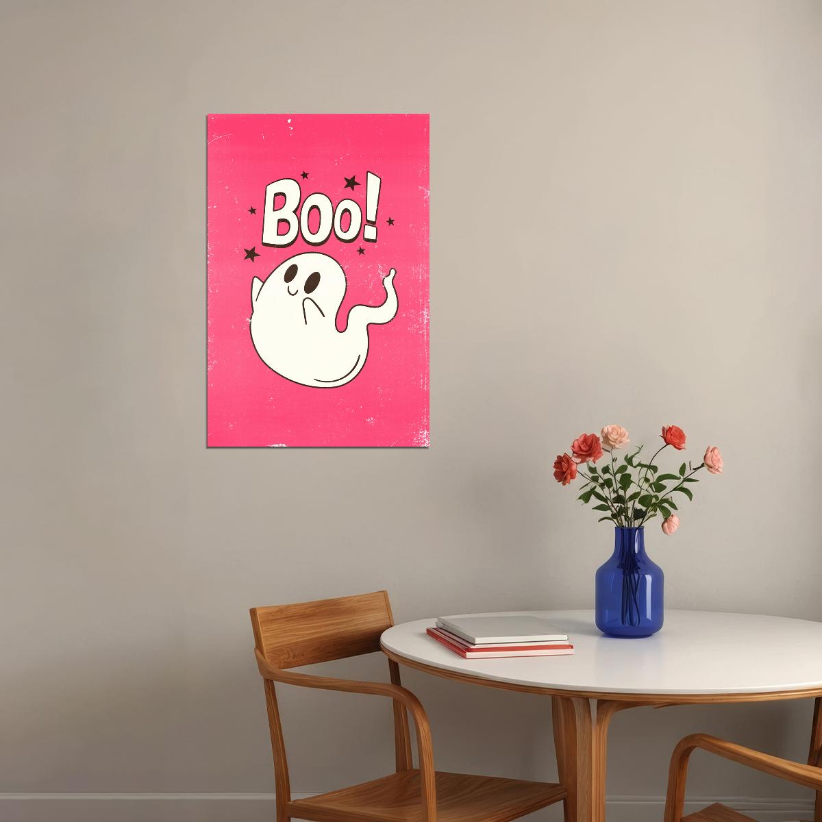 Boo! Halloween Poster Cute Wall Decor Ghost Art Pink Halloween Print Trendy Coquette Wall Art - xonomax