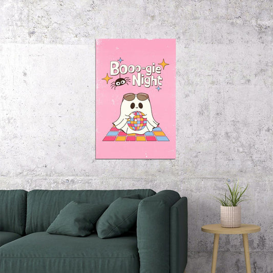 Boogie Night Halloween Poster Disco Ghost Art Cute Wall Decor Trendy Pink Coquette Print - xonomax