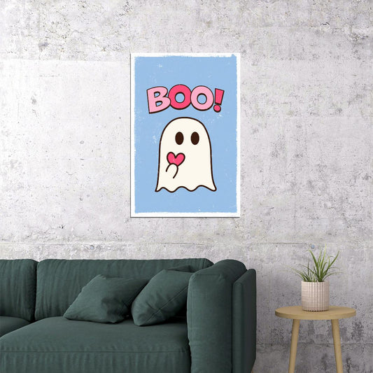 Boo! Halloween Poster Cute Ghost Heart Art Trendy Coquette Wall Decor Blue And Pink Print - xonomax