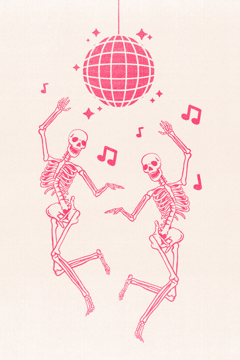 Dancing Skeleton Poster Cute Pastel Halloween Art Disco Halloween Trendy Coquette Pink Print - xonomax