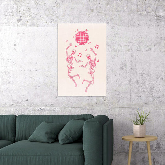 Dancing Skeleton Poster Cute Pastel Halloween Art Disco Halloween Trendy Coquette Pink Print - xonomax
