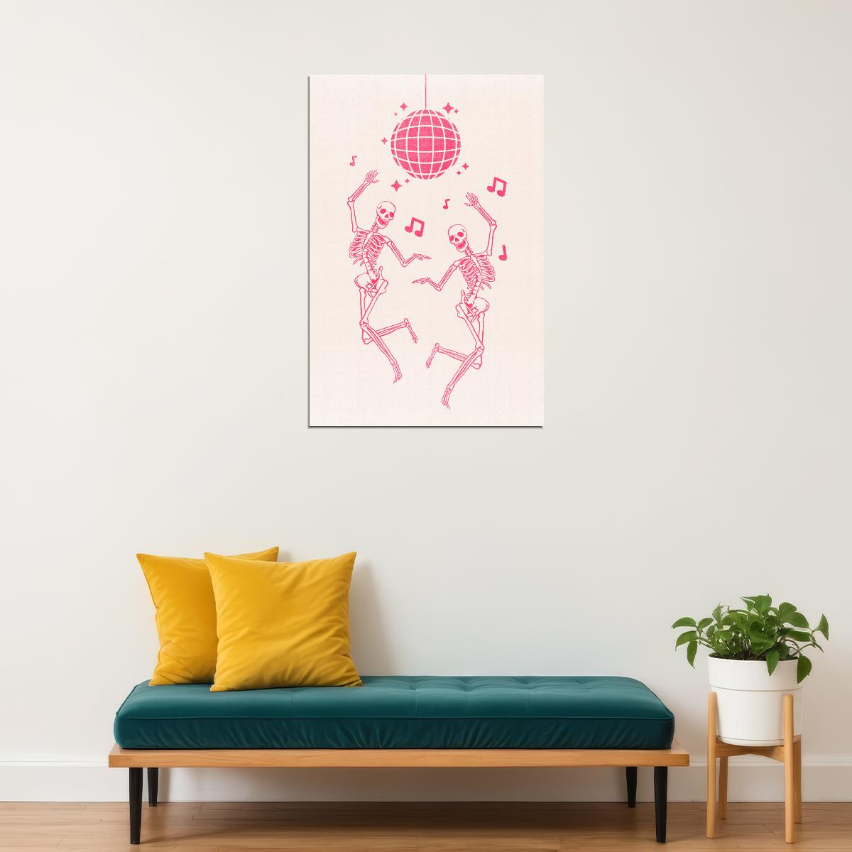 Dancing Skeleton Poster Cute Pastel Halloween Art Disco Halloween Trendy Coquette Pink Print - xonomax