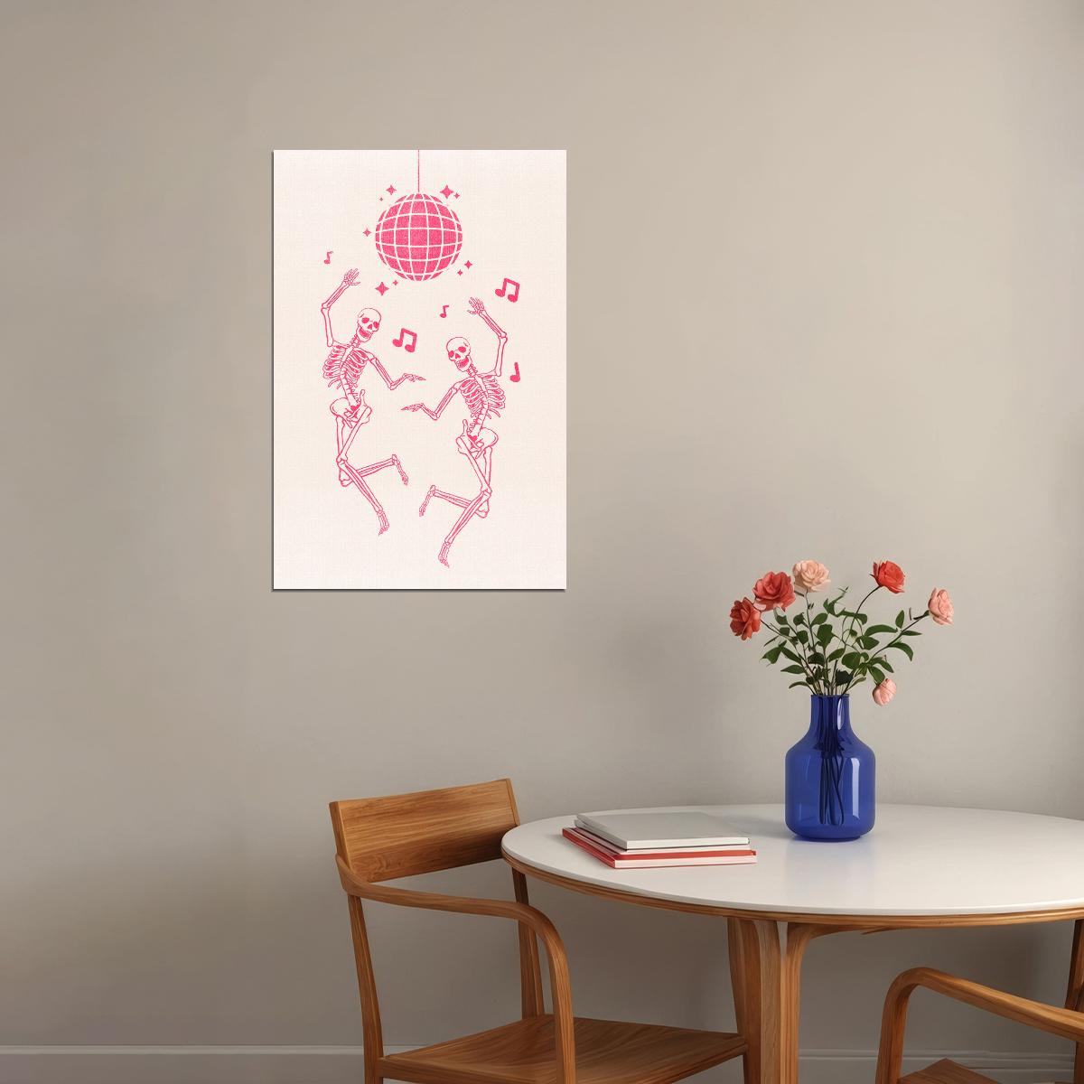 Dancing Skeleton Poster Cute Pastel Halloween Art Disco Halloween Trendy Coquette Pink Print - xonomax