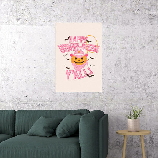Howdyween Poster Pastel Halloween Art Blue Cowboy Girl Wall Decor Pink Halloween Trendy Print - xonomax