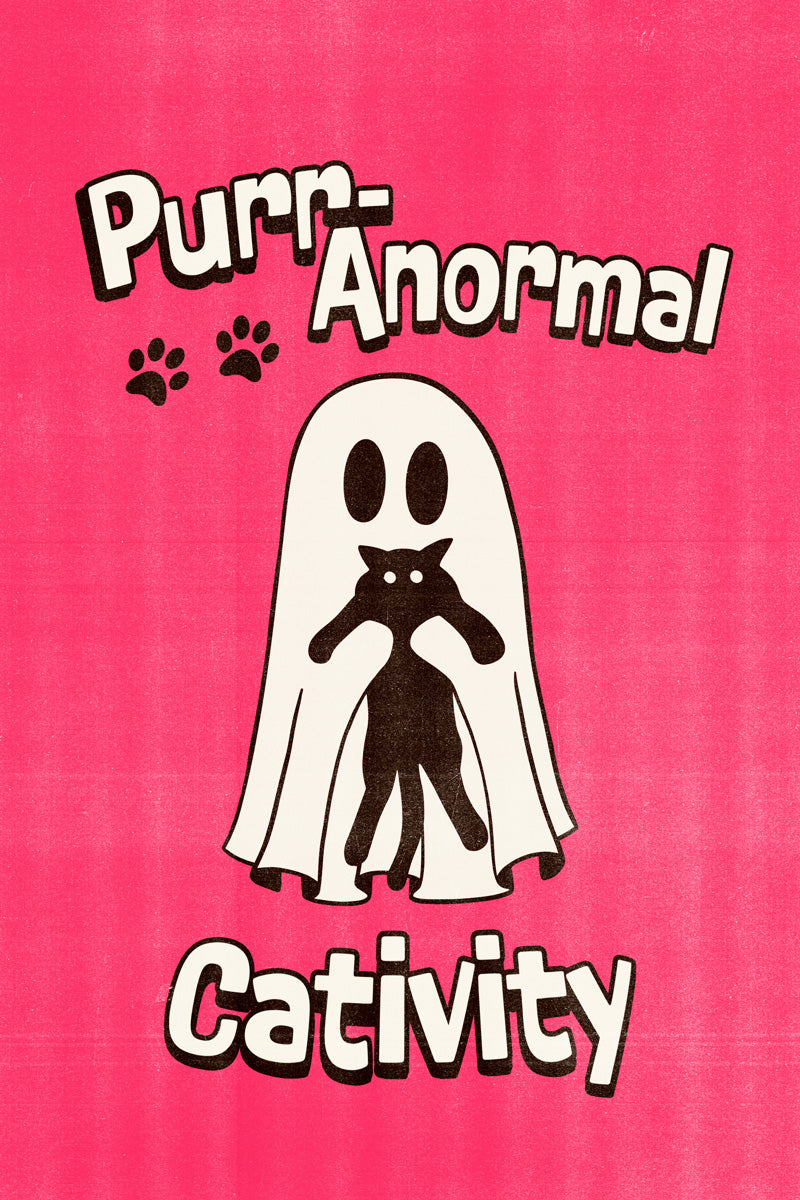 Purranormal Cativity Poster Cute Halloween Ghost With Cat Wall Art Pink Trendy Coquette Print - xonomax