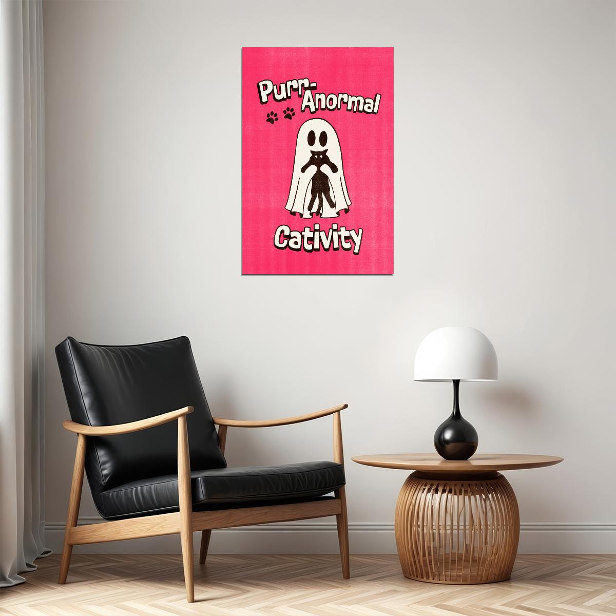 Purranormal Cativity Poster Cute Halloween Ghost With Cat Wall Art Pink Trendy Coquette Print - xonomax