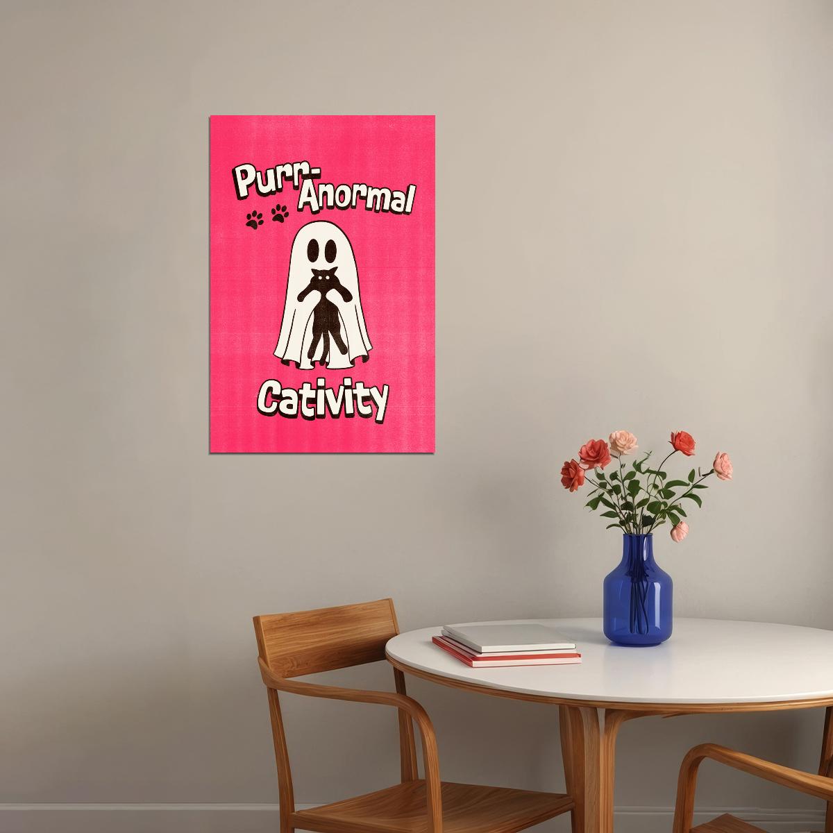 Purranormal Cativity Poster Cute Halloween Ghost With Cat Wall Art Pink Trendy Coquette Print - xonomax