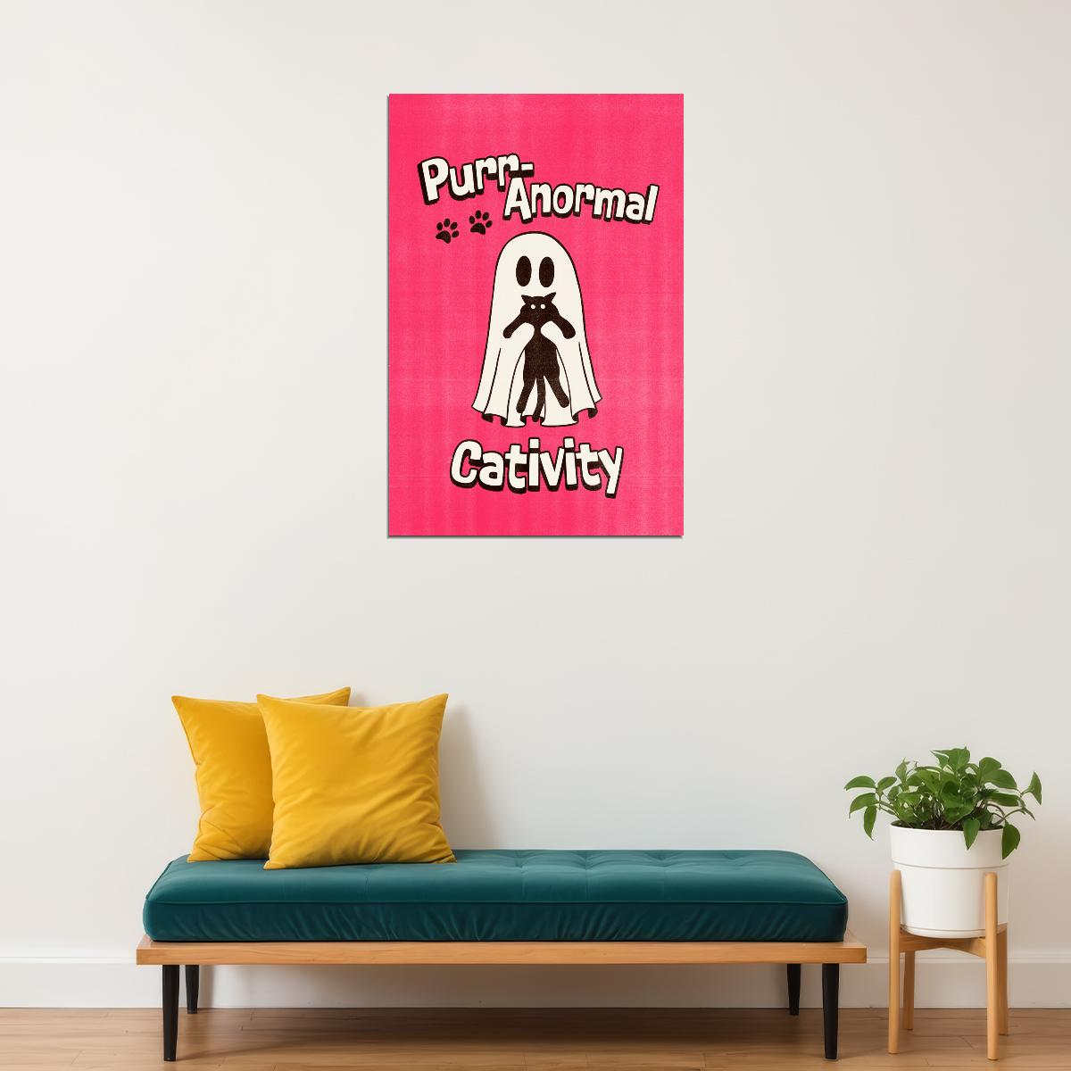Purranormal Cativity Poster Cute Halloween Ghost With Cat Wall Art Pink Trendy Coquette Print - xonomax