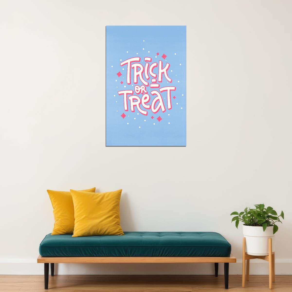 Trick Or Treat Poster Cute Pastel Blue And Pink Halloween Wall Art Trendy Coquette Print