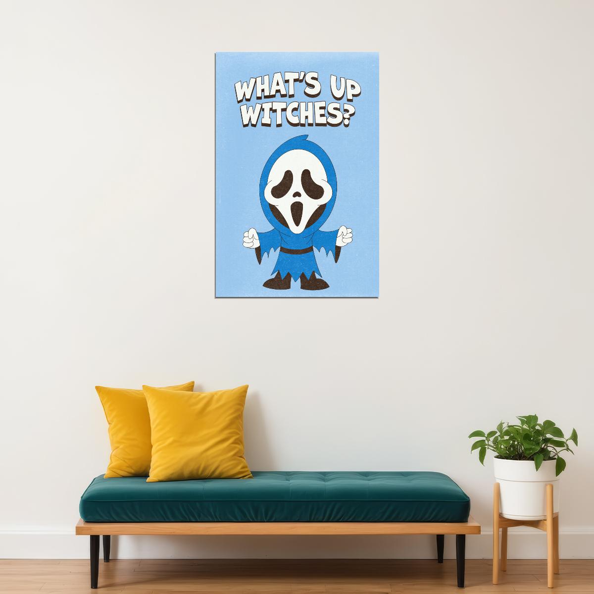What's Up Witches Trendy Halloween Poster Retro Ghostface Wall Art Blue Preppy Print - xonomax