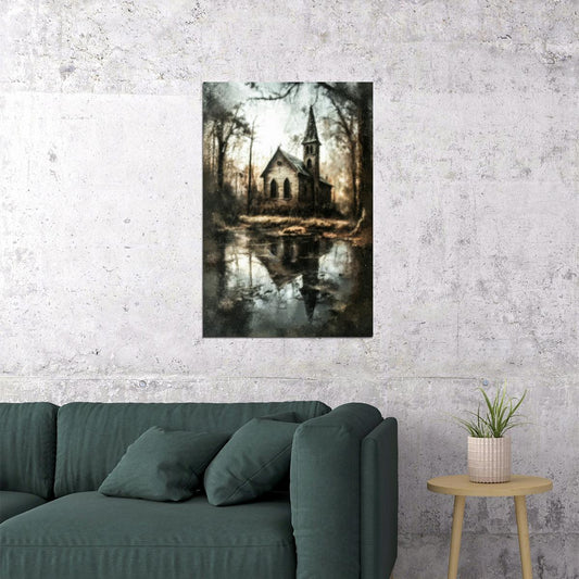 Creepy Abandoned Church Painting Print Ghost House Misty Lake Gothic Wall Art - xonomax