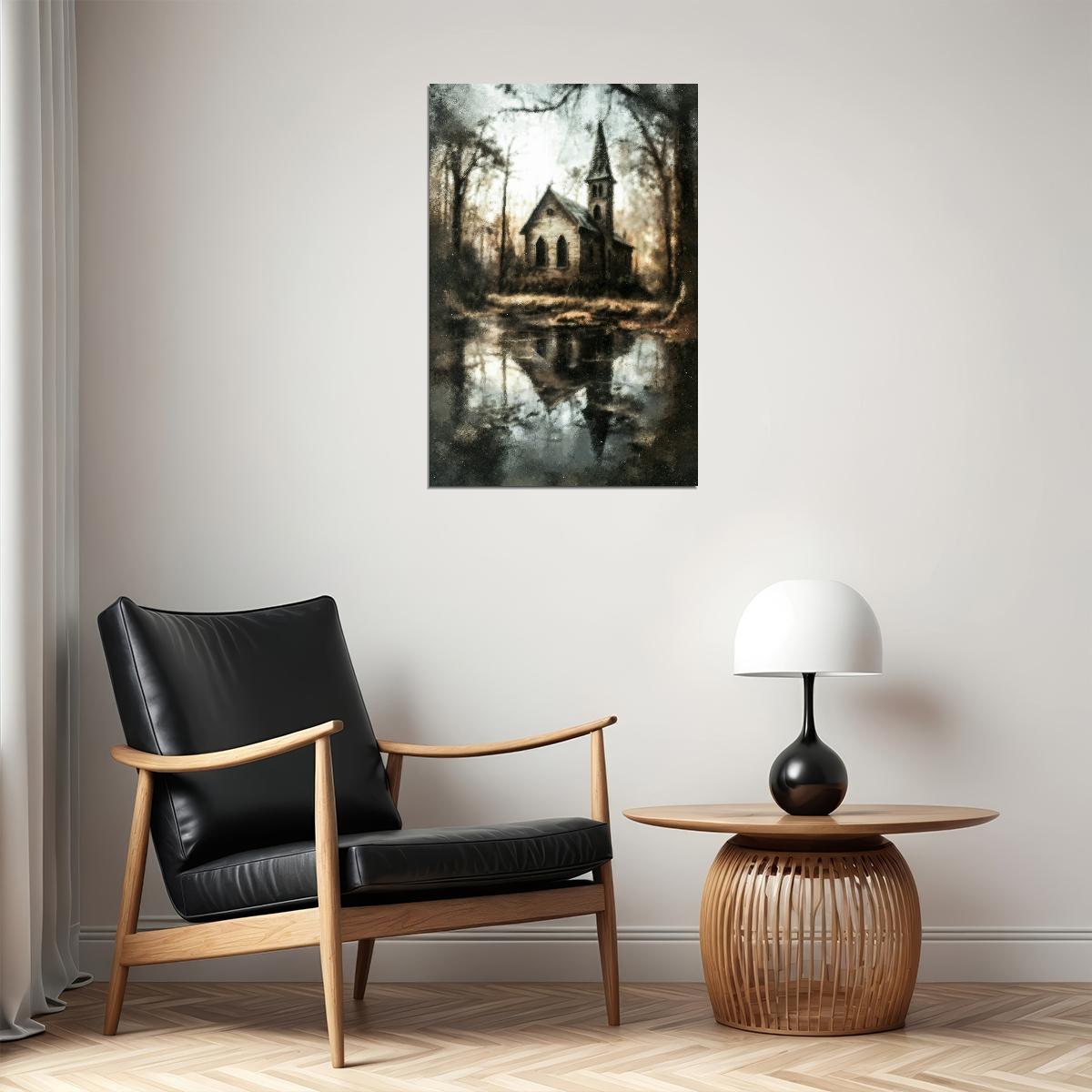 Creepy Abandoned Church Painting Print Ghost House Misty Lake Gothic Wall Art - xonomax