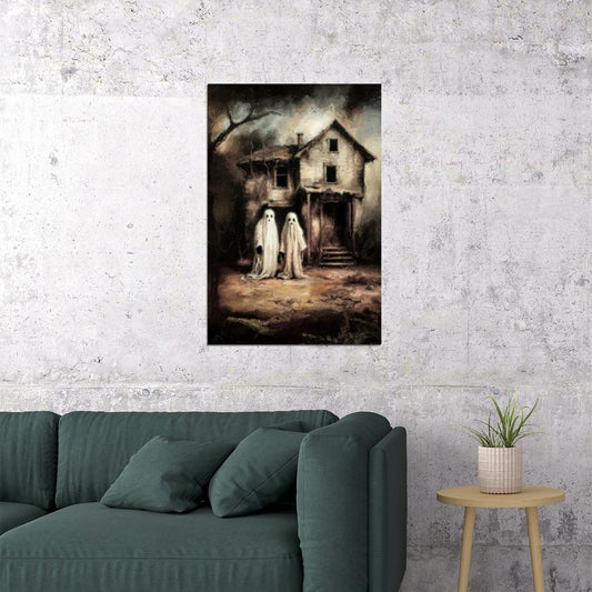 Ghost In Abandoned House Painting Print Creepy Gothic Wall Art Vintage Dark Academia Wall Decor - xonomax