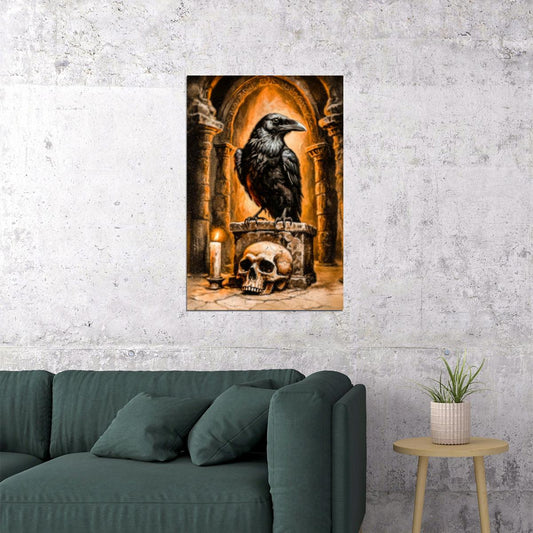 Crow In Crypt Painting Print Creepy Skull Halloween Poster Gothic Aesthetic Moody Wall Art - xonomax