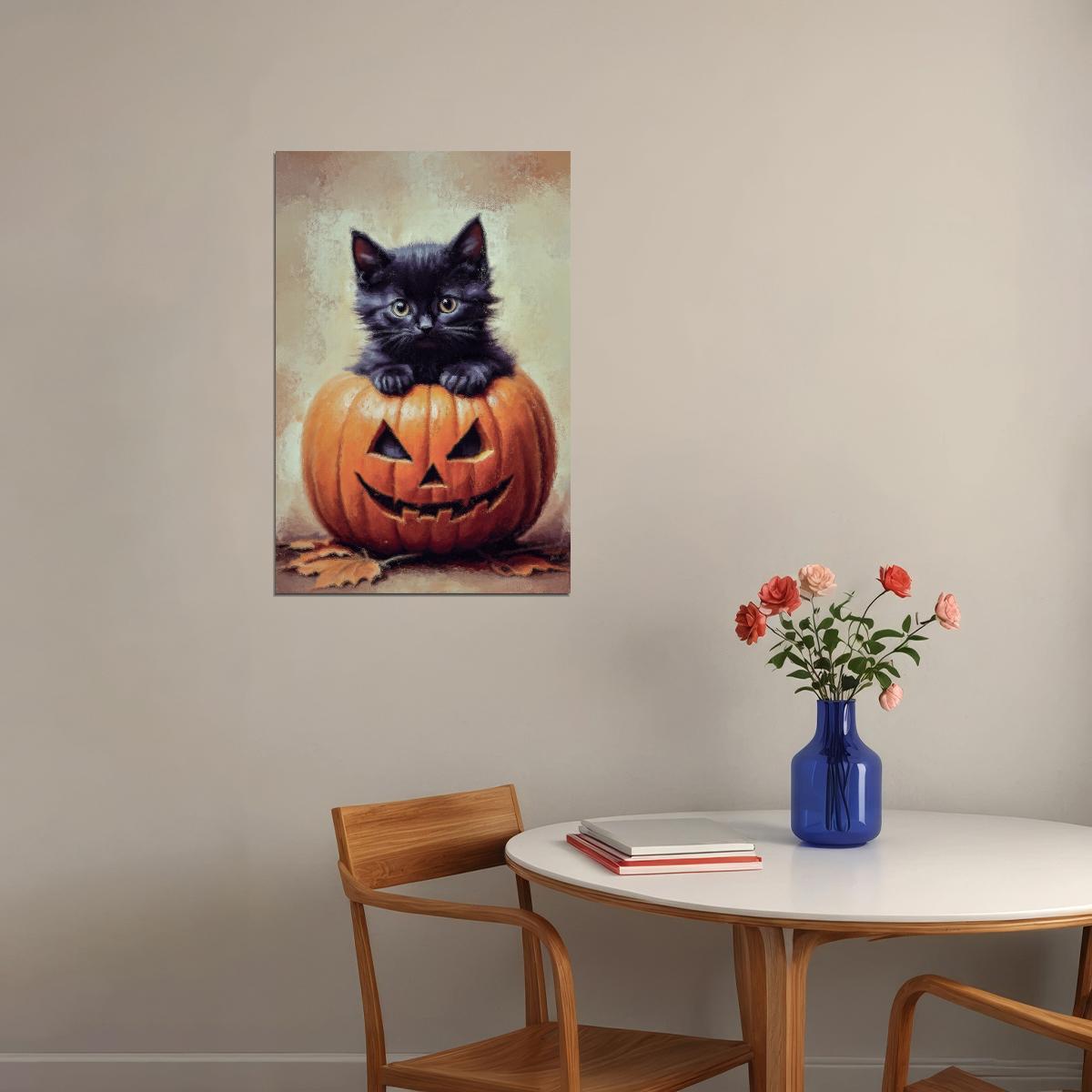 Cute Black Cat Halloween Painting Print Victorian Pumpkin And Kitten Poster Gothic Dark Academia Art - xonomax
