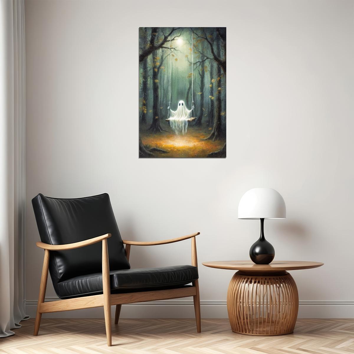 Cute Ghost On Swings Painting Print Dark Academia Halloween Poster Gothic Aesthetic Moody Artwork - xonomax
