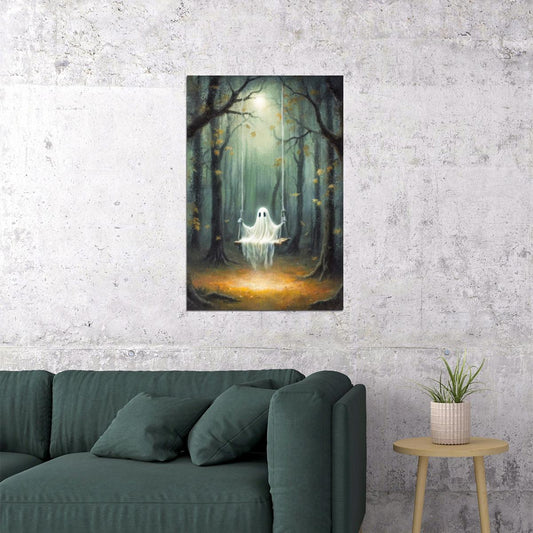 Cute Ghost On Swings Painting Print Dark Academia Halloween Poster Gothic Aesthetic Moody Artwork - xonomax