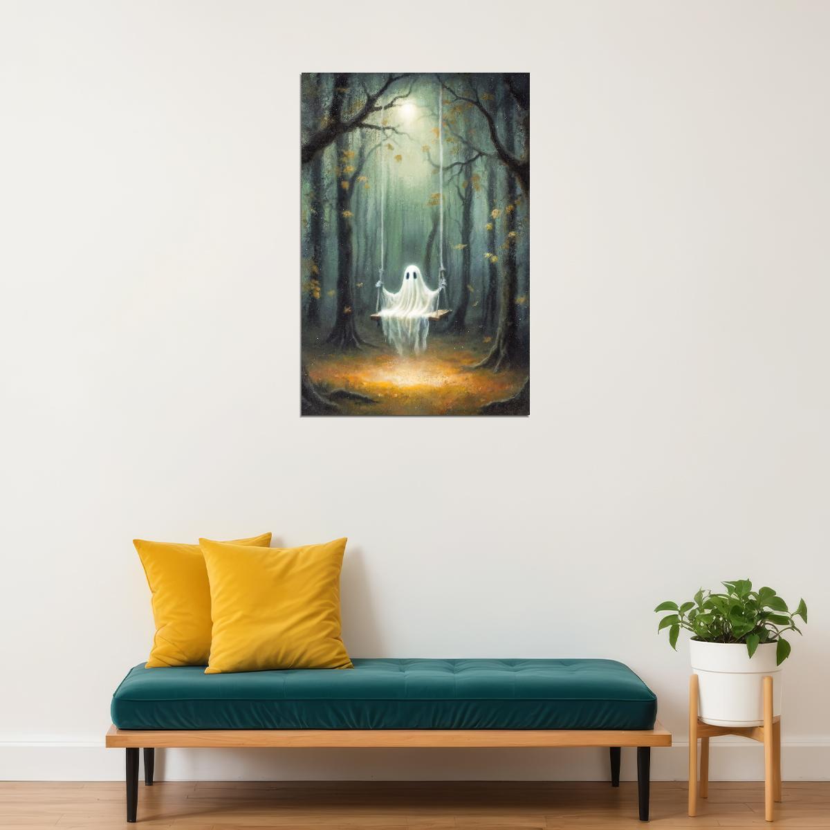 Cute Ghost On Swings Painting Print Dark Academia Halloween Poster Gothic Aesthetic Moody Artwork - xonomax
