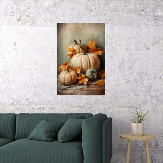 Cute Pumpkins Halloween Painting Print Fall Harvest Wall Art Thanksgiving Day Vintage Poster - xonomax