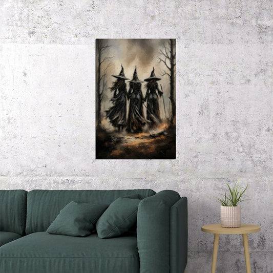 Three Witches Halloween Painting Print Mystery Convene Art Creepy Sisters Poster Witchy Aesthetic - xonomax