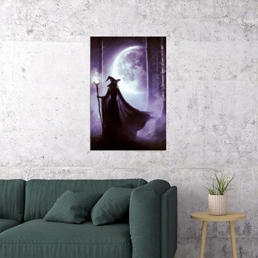 Witch Silhouette Painting Print Creepy Moon Night Wall Art Vintage Halloween Poster Moody Aesthetic - xonomax