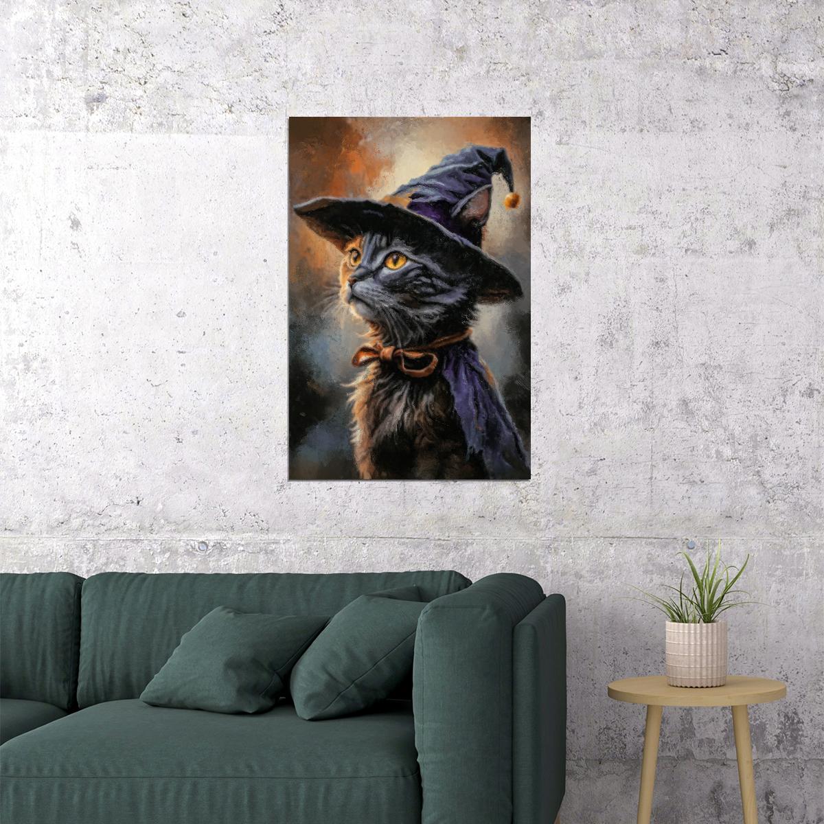 Witch Cat In Hat Painting Print Cute Halloween Wall Art Gothic Moody Poster Dark Academia Aesthetic - xonomax