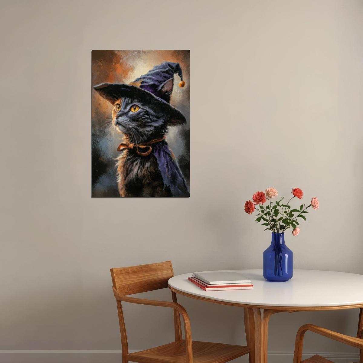 Witch Cat In Hat Painting Print Cute Halloween Wall Art Gothic Moody Poster Dark Academia Aesthetic - xonomax