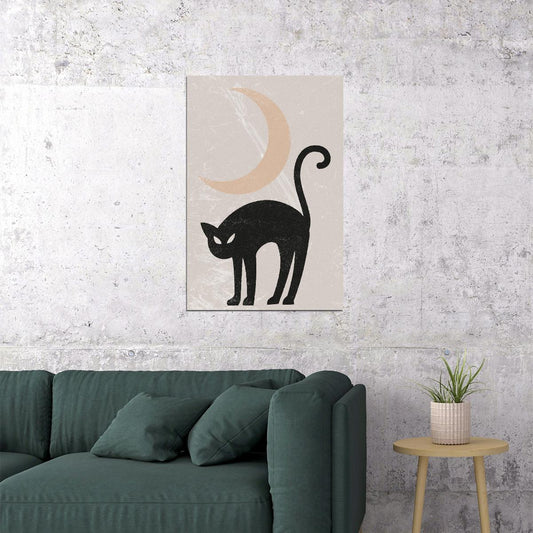 Black Cat Halloween Poster Boho Trendy Minimalist Halloween Art Rustic Moon Fall Print For Autumn - xonomax