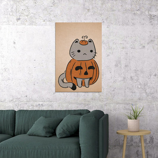 Cute Cat Halloween Poster Boho Pumpkin Halloween Art Cat In Pumpkin Costume Fall Print for Autumn - xonomax