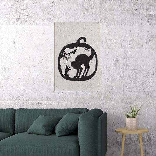 Black Cat Halloween Poster Pumpkin Halloween Wall Art Graveyard Scene Trendy Minimalist Print - xonomax