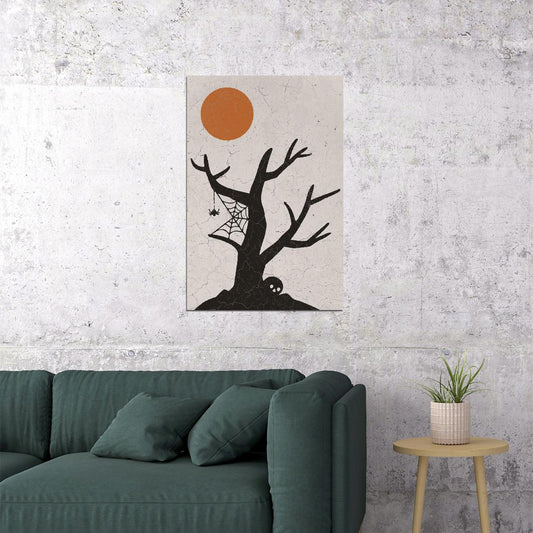 Creepy Tree Halloween Poster Boho Moon Halloween Wall Art Graveyard Scene Trendy Minimalist Print - xonomax