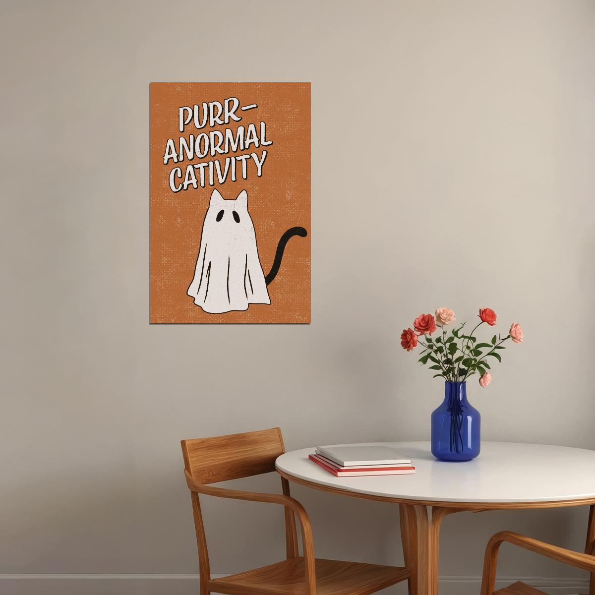 Purr-Anormal Cativity Halloween Poster Ghost Cat Boho Wall Art Trendy Minimalist Halloween Print - xonomax