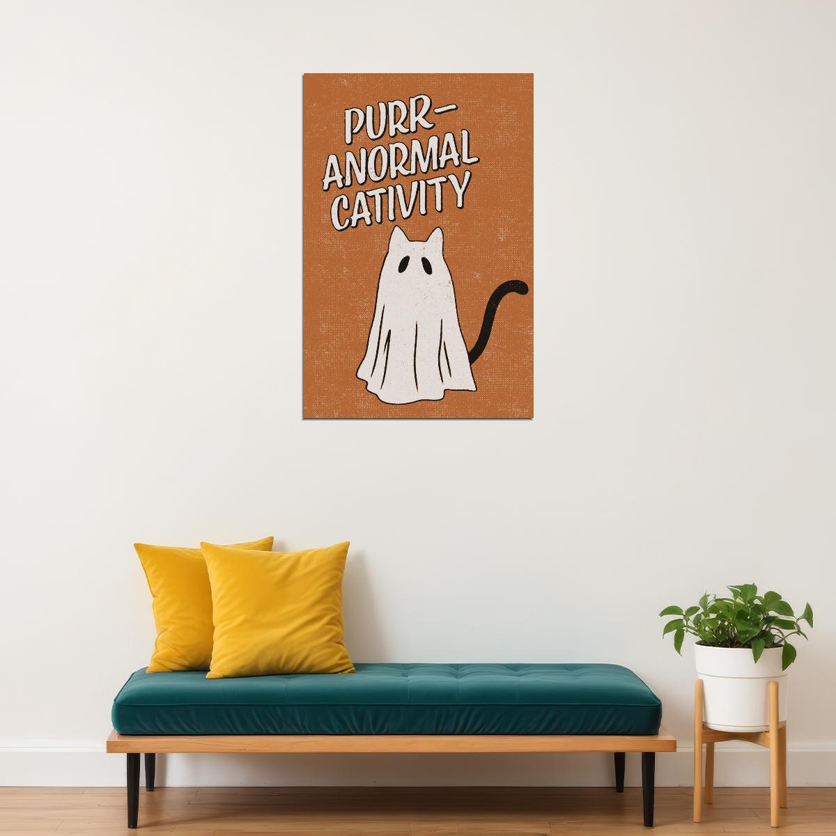 Purr-Anormal Cativity Halloween Poster Ghost Cat Boho Wall Art Trendy Minimalist Halloween Print - xonomax