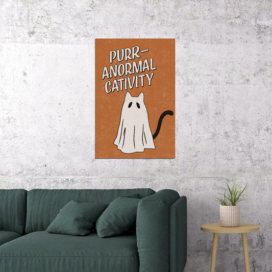 Purr-Anormal Cativity Halloween Poster Ghost Cat Boho Wall Art Trendy Minimalist Halloween Print - xonomax