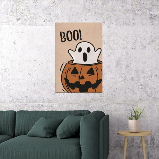 Boo Scary Ghost Halloween Poster Boho Pumpkin Halloween Wall Art Trendy Minimalist Fall Print - xonomax