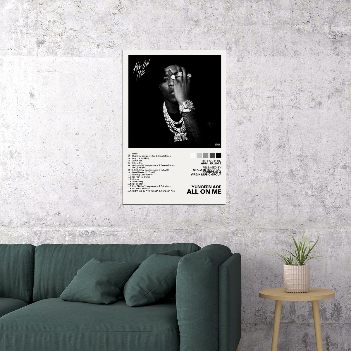 Yungeen Ace All On Me Album Cover Music Poster Rap Home Decor For Living Room Hip-Hop Aesthetic Rapper Album Wall Art Records Poster Wall Decor For Bedroom