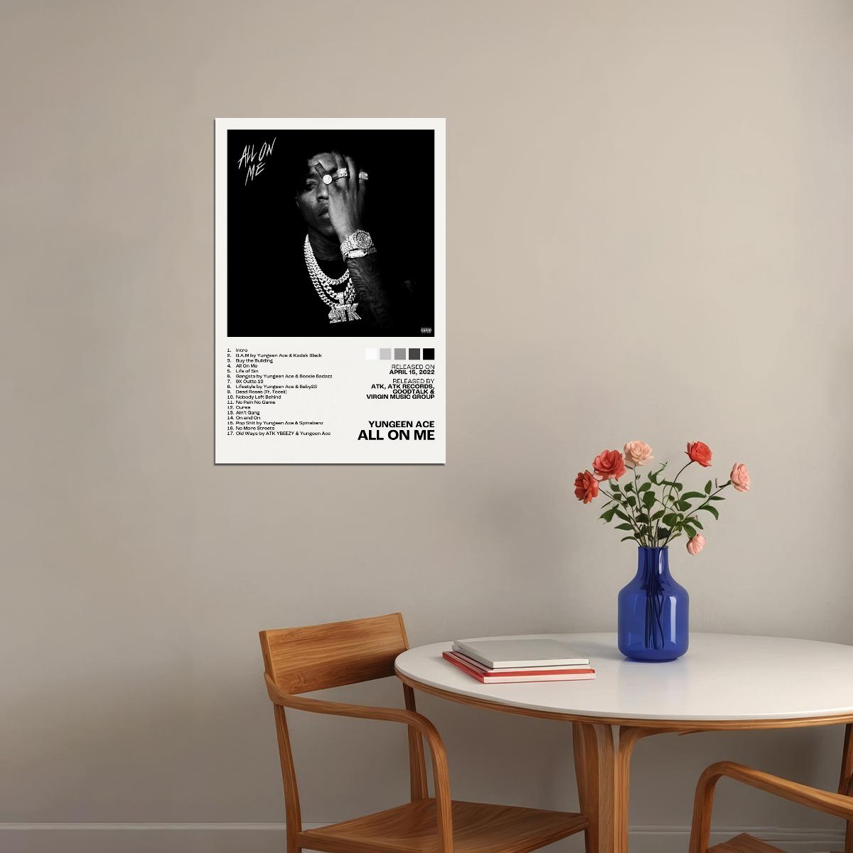 Yungeen Ace All On Me Album Cover Music Poster Rap Home Decor For Living Room Hip-Hop Aesthetic Rapper Album Wall Art Records Poster Wall Decor For Bedroom