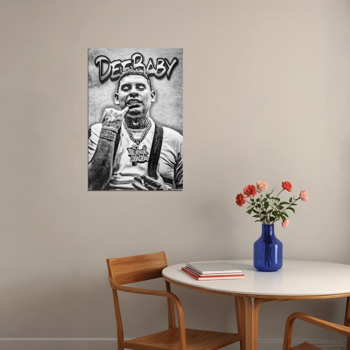 DeeBaby Rapper Music Poster Black White Raw Grunge Aesthetic Hip-Hop Wall Art Monochrome Style Print for Underground Rap Culture Edgy Room Decor - xonomax