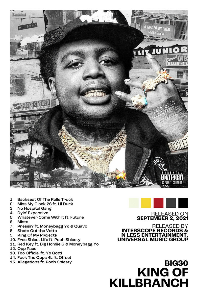 BIG30 King Of Killbranch Album Cover Music Poster Rap Home Decor For Living Room Hip-Hop Aesthetic Rapper Album Wall Art Records Poster Wall Decor For Bedroom - xonomax