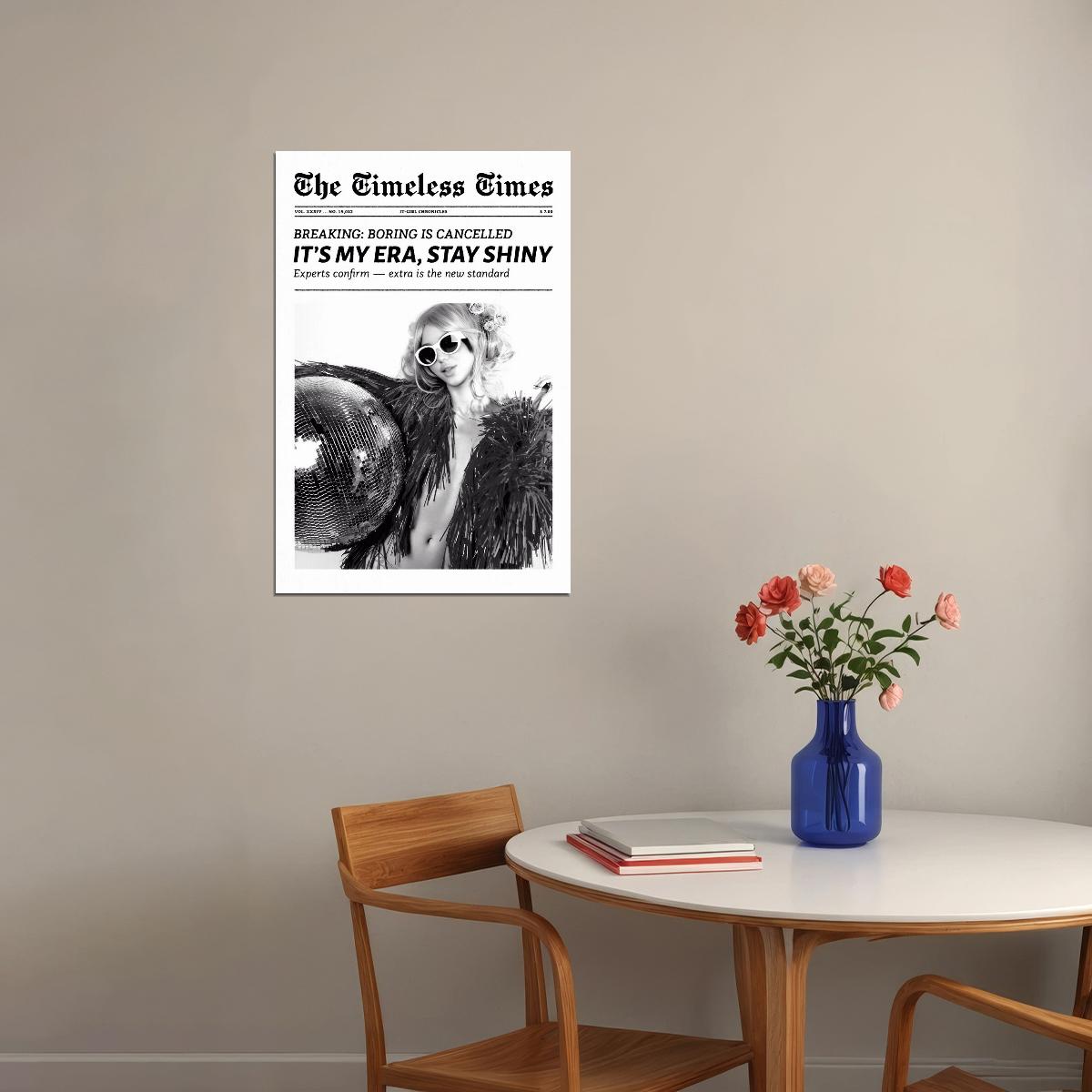 Disco Ball Black and White Poster Trendy Newspaper Print Y2K Disco Wall Art Dorm Bedroom Decor Party Mood Funky Aesthetic