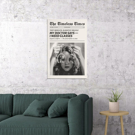 Doctor Says I Need Glasses Poster Black And White Newspaper Print Funny Alcohol Wall Art Bedroom Living Room Kitchen Bar Cart Decor Vintage Aesthetic - xonomax