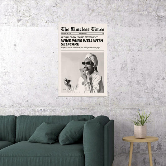 Wine & Self-Care Poster Black And White Newspaper Print Retro Trendy Kitchen Wall Art Bedroom Dorm Living Room Decor Clean Girl Aesthetic - xonomax
