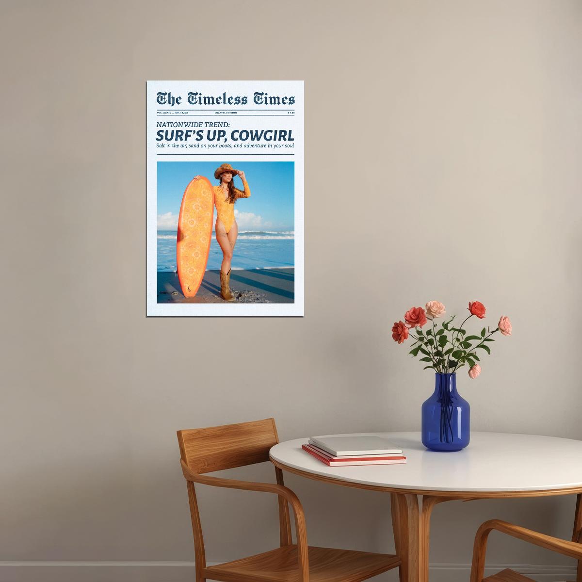 Coastal Cowgirl Poster Trendy Newspaper Print Surfer Girl Wall Art Surf Beach Aesthetic Boho Retro Fashion Decor Cowboy Boots And Hat Artwork