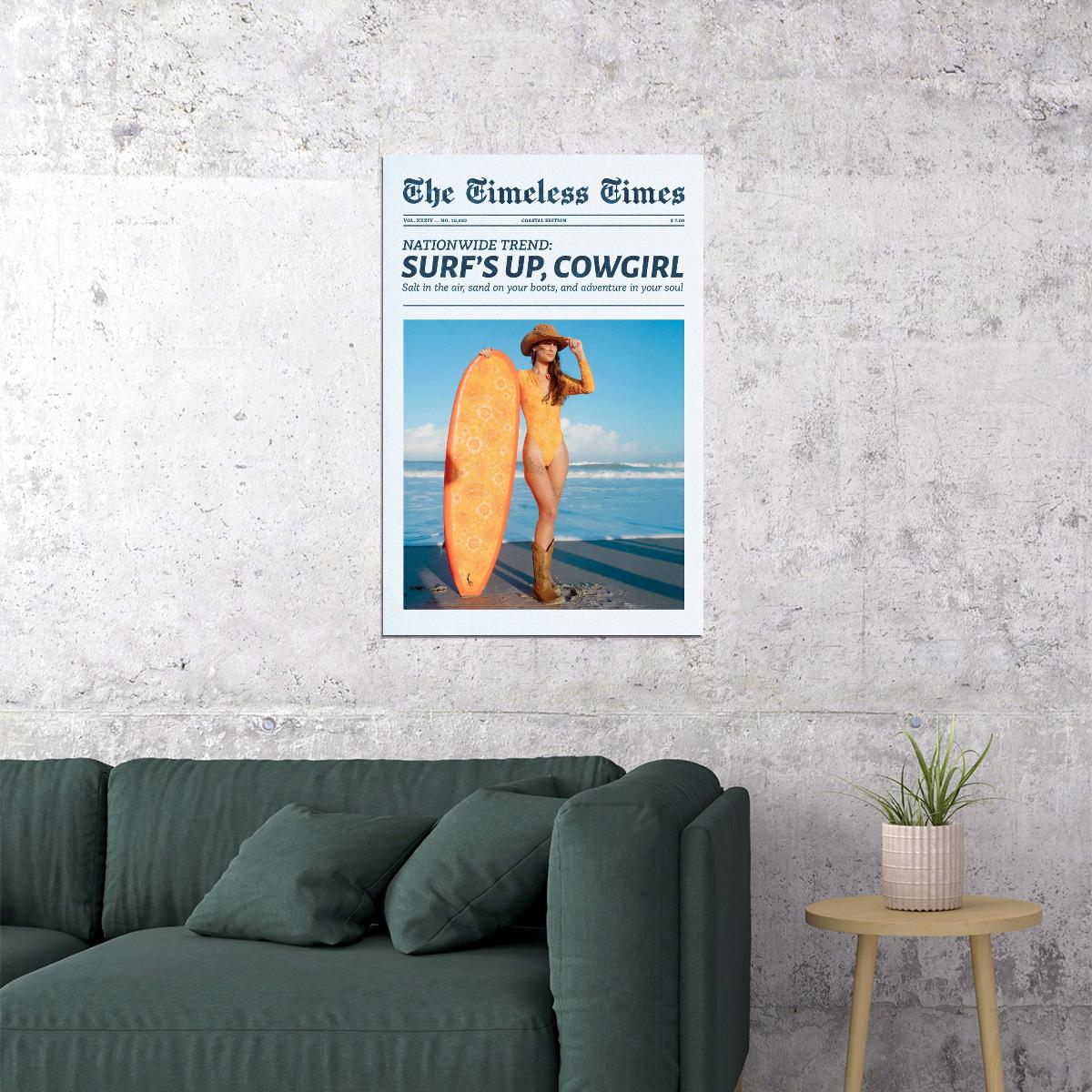 Coastal Cowgirl Poster Trendy Newspaper Print Surfer Girl Wall Art Surf Beach Aesthetic Boho Retro Fashion Decor Cowboy Boots And Hat Artwork