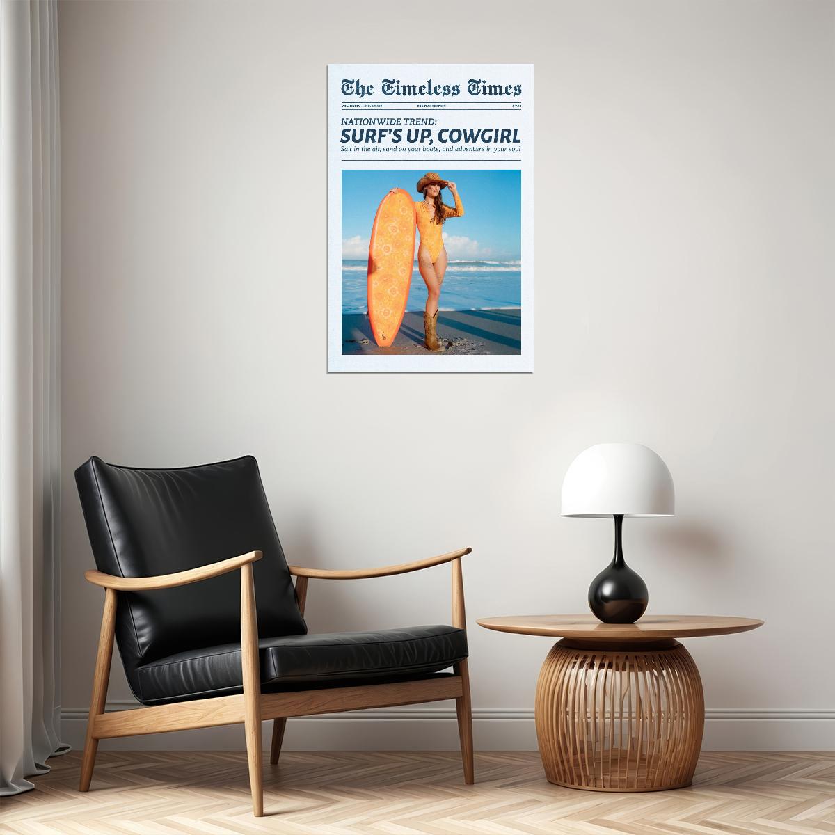 Coastal Cowgirl Poster Trendy Newspaper Print Surfer Girl Wall Art Surf Beach Aesthetic Boho Retro Fashion Decor Cowboy Boots And Hat Artwork