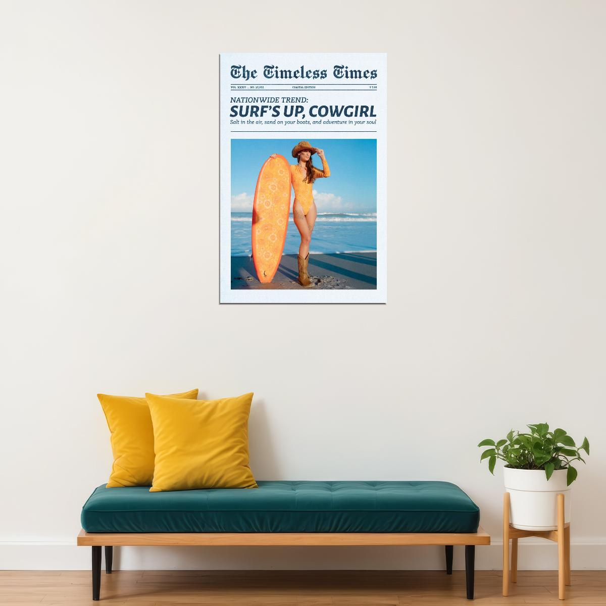 Coastal Cowgirl Poster Trendy Newspaper Print Surfer Girl Wall Art Surf Beach Aesthetic Boho Retro Fashion Decor Cowboy Boots And Hat Artwork