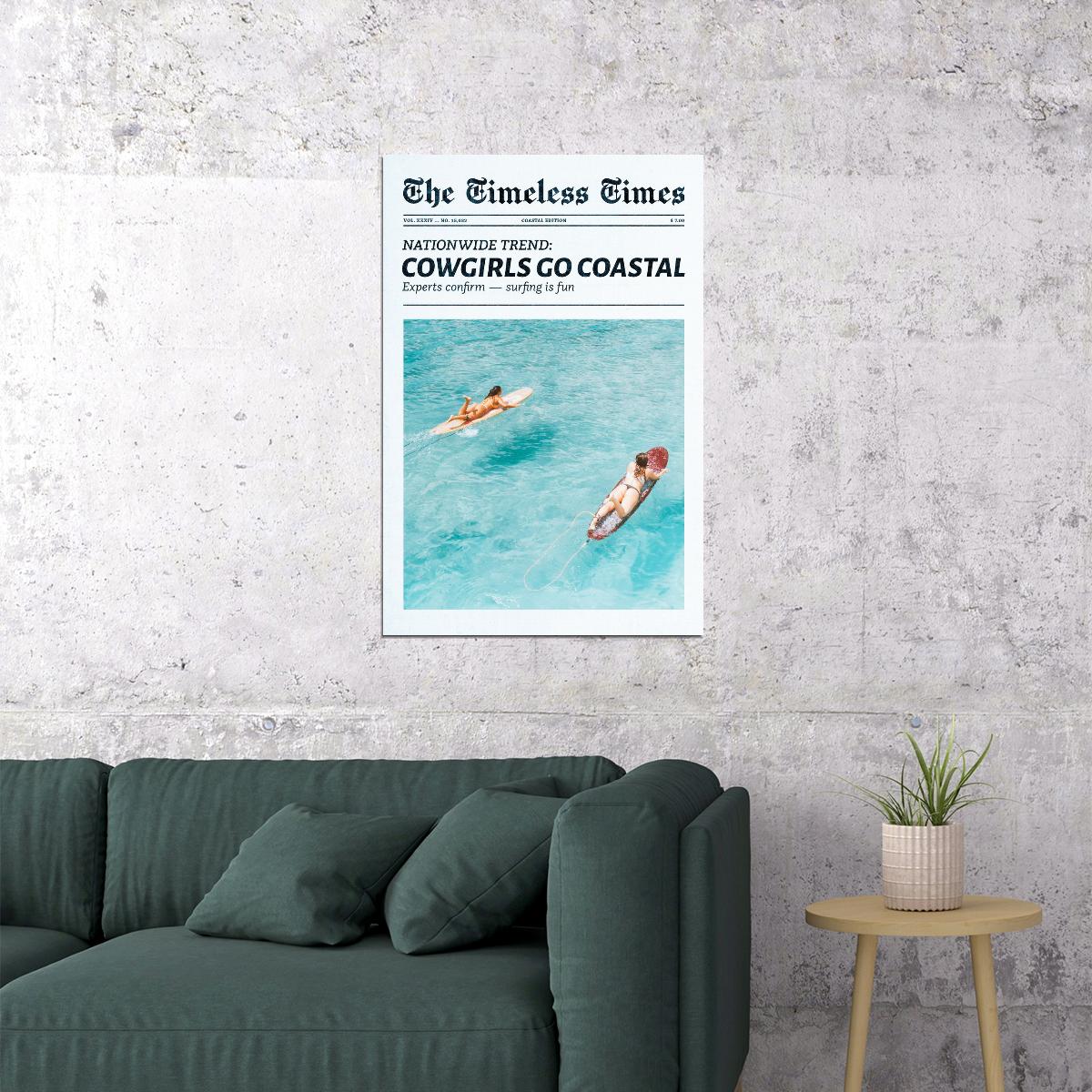 Coastal Cowgirl Poster Trendy Newspaper Print Surfer Girl Wall Art Surf Beach Aesthetic Preppy Retro Fashion Decor Trendy Beachy Aesthetic