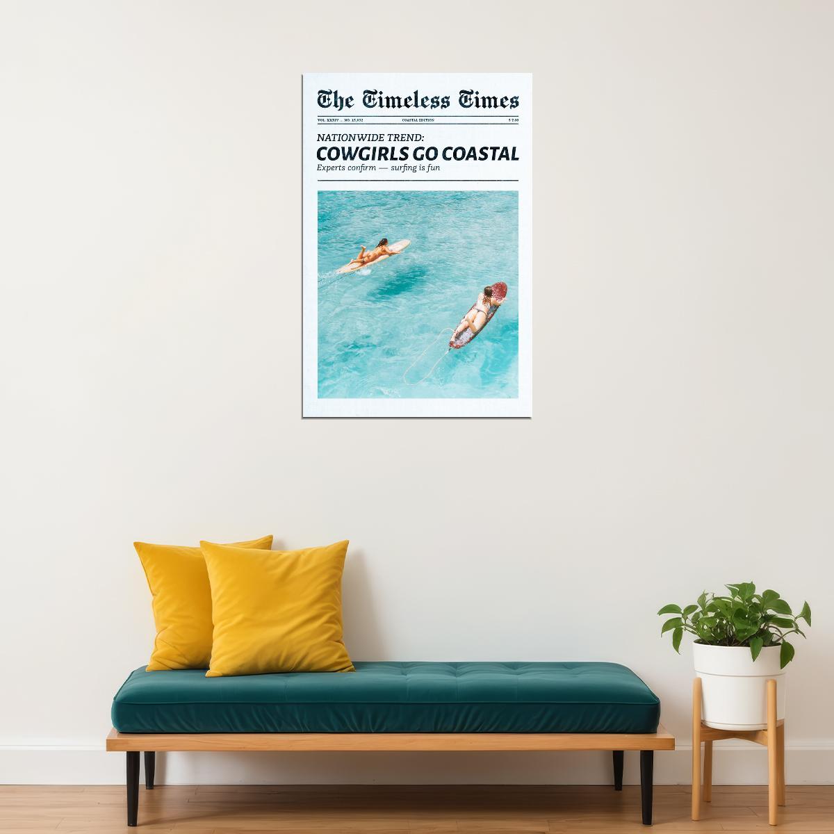 Coastal Cowgirl Poster Trendy Newspaper Print Surfer Girl Wall Art Surf Beach Aesthetic Preppy Retro Fashion Decor Trendy Beachy Aesthetic