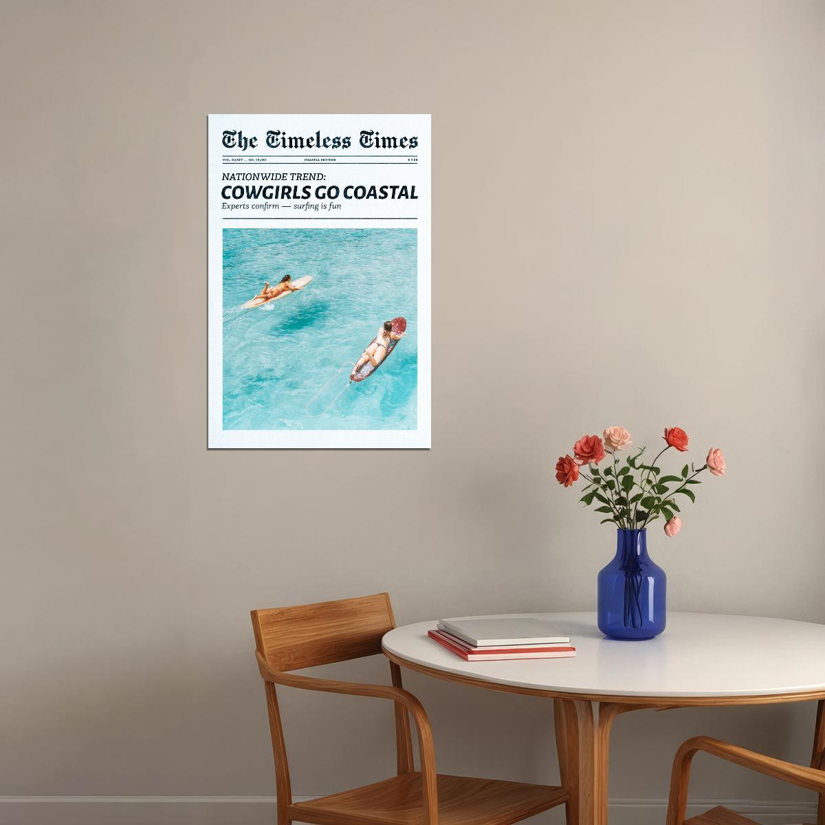 Coastal Cowgirl Poster Trendy Newspaper Print Surfer Girl Wall Art Surf Beach Aesthetic Preppy Retro Fashion Decor Trendy Beachy Aesthetic